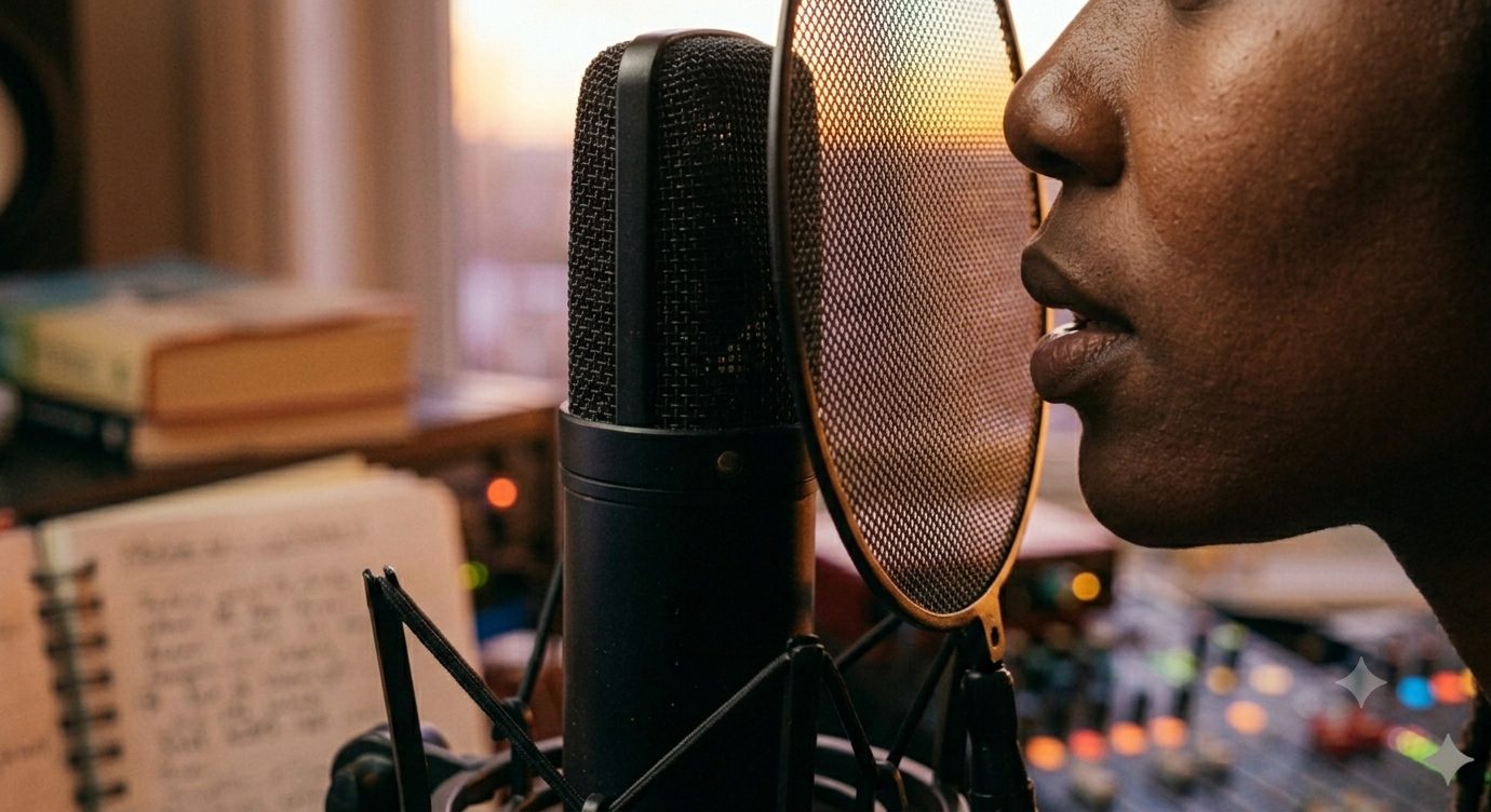 A narrator at the microphone in golden light