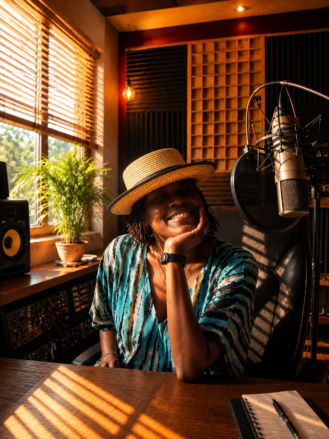 Cathy Kamau at the microphone in the Sunlit Studios recording room
