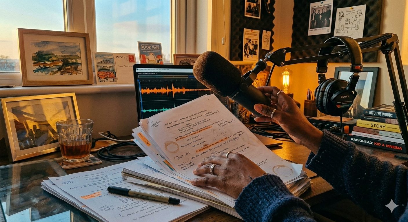 Hands at the script and microphone