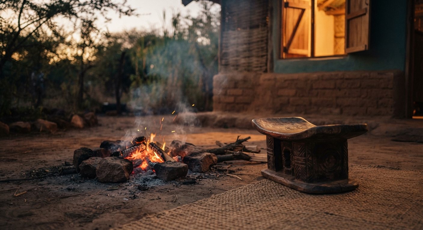 A carved wooden stool beside the embers of an evening fire