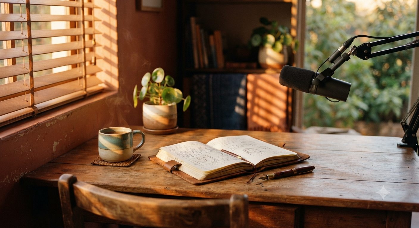 A writing desk with a notebook, microphone and tea in golden window light