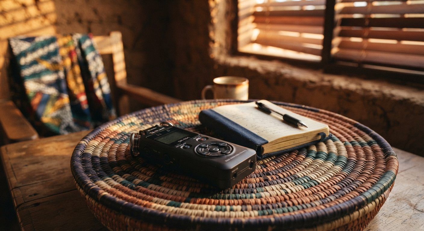 A field recorder and notebook resting on a woven basket in warm light